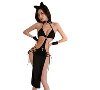 QYYZTQY Cat Outfit for Women Lingerie Cute Halter Neck Dress Cosplay Costume Babydoll Egyptian Anime Roleplay Halloween Long Skirt Ears Wristbands Thong Set Black
