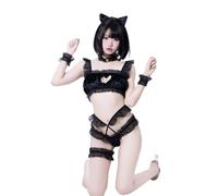 QYYZTQY Cat Outfits for Women Lingerie Anime Cosplay Costume Maid Outfit Open Chest Babydoll Japanese Devil Cute Keyhole Roleplay Bodysuit Halloween Bra Top Dress Ear Suits Set Black