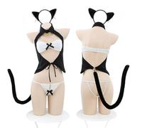 QYYZTQY Cat Outfits for Women Lingerie Cosplay Costume Cute High Cutout Babydoll Bodysuit Anime Roleplay Bra Headband Ears Fluffy Tail Choker Set Halloween Black White
