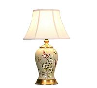 QYYZTQY Ceramic Bedside Table Lamps Porcelain Desk Lamps Painted Flower and Bird Glazed Ceramic Table Lamp with Bell Fabric Shade, for Living Room, Bedroom