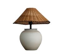 QYYZTQY Ceramic Pottery Table Lamp Rattan Shade Boho Table Lamp Black White Mid Century Desk End Lamp Vintage Farmhouse Bedside Nightstand Lamp for Bedroom Living Room Home Office
