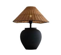 QYYZTQY Ceramic Pottery Table Lamp Rattan Shade Boho Table Lamp Black White Mid Century Desk End Lamp Vintage Farmhouse Bedside Nightstand Lamp for Bedroom Living Room Home Office