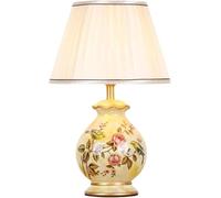 QYYZTQY Ceramic Table Lamp 20” Small Flower Painting Beside Lamp,White Fabric Lamp Shade,Gold Finish, Desk Lamp