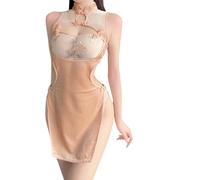 QYYZTQY Cheongsam Dress for Women Lingerie Costume Outfit Anime Cosplay Chinese Style Roleplay Qipao See-Through Velvet High Split Bodycon Chemise Nightgown Babydoll Thong Orange