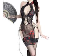 QYYZTQY Cheongsam Dress for Women Lingerie Costume Outfit Chinese Style Qipao High Split Perspective Anime Cosplay Roleplay Bodycon Nightgown Chemise Babydoll Thong Club Black Party