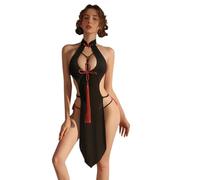 QYYZTQY Cheongsam Dress Lingerie for Women Cosplay Costume Outfit Long Skirt Chinese Qipao Style Anime Roleplay High Slit Backless Chemise Nightgown Babydoll Thong Party Black