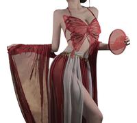 QYYZTQY Cheongsam Dress Lingerie for Women Outfit Cosplay Costume Exotic Chinese Little Beauty Anime Roleplay Belly Dance Princess Babydoll Halter Butterfly Bra Skirt Halloween Party Red