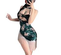 QYYZTQY Cheongsam Dress Lingerie for Women Outfit Cosplay Costume Velvet Chinese Style Qipao Anime Roleplay Cutout Halter Neck Floral Print Bodycon Fringe Babydoll Thong Green