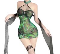 QYYZTQY Cheongsam Lingerie Dress for Women Costume Chinese Style Qipao Mesh Outfit Anime Cosplay Roleplay See-Through Short Strappy Bodycon Nightgown High Split Skirt Green