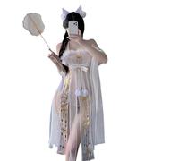 QYYZTQY Cosplay Lingerie Dress for Women Costume Exotic Hanfu Outfit Belly Dance Cheongsam Chinese Fairy Cute Fox Roleplay High Slit Anime Arabian Skirt with Cat Ears White