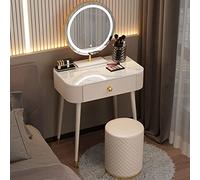 QYYZTQY Desk Touch Screen Dimming Mirror, Dressing Table Cushioned Stool, Makeup Vanity with Sliding Storage Drawers, for Women, Mother, Girls Bedroom,1,70cm/27.5in