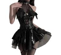 QYYZTQY Devil Costume for Women Dress Cosplay Outfit Lingerie Bodysuit Babydoll Halloween Cute Shiny PU Leather Wings Witch Angel Anime Roleplay Choker Halter Top Skirt Set Black