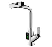 QYYZTQY Down Digital Display Sink Faucet with Pull out Mode Sprayer 360° Swivel Single Handle Hot Cold Water Mixer Kitchen Tap, Polished Chrome Shower Head