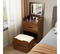 QYYZTQY Dressing Flip Top Integrated Storage Cabinet Vanity Mirror Lights and Makeup Table Set with Stool Quality MDF White Desk Bedroom Ideal for S,Brown,B