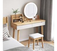 QYYZTQY Dressing Table Color Modes Adjustable Brightness, Bedroom Makeup Vanity Set with Drawer & Stool, for Women Girls,Wood Color,47x15.7x29.5in