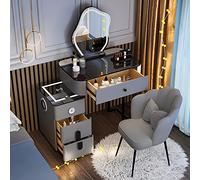 QYYZTQY Dressing Table,Make-Up Vanity Make-Up Mirror Set with Wireless Charging Station and Speaker, Bedside Table, Padded Stool, 3 Color Light Adjustable/Gray Mirro,Grey,Cloud Mirror,L