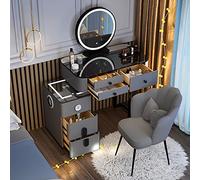 QYYZTQY Dressing Table,Make-Up Vanity Make-Up Mirror Set with Wireless Charging Station and Speaker, Bedside Table, Padded Stool, 3 Color Light Adjustable/Gray -Cloud Mirro,Grey,Round Mirror,L