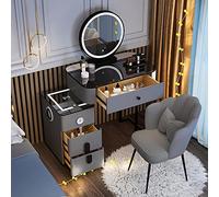 QYYZTQY Dressing Table,Make-Up Vanity Make-Up Mirror Set with Wireless Charging Station and Speaker, Bedside Table, Padded Stool, 3 Color Light Adjustable/Gray -Cloud Mirro,Grey,Round Mirror,L