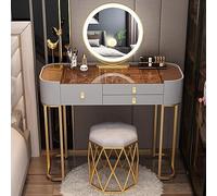 QYYZTQY Dressing Table,Vanity Desk Mirror and Lights,Glass Tabletop Makeup Vanity Set,Vanity for Bedroom with Cushion Stool, Solid Wood,Adjustable Brightness,3 Draw