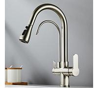 QYYZTQY Faucets,3 Tap with Pull out Spray Brass Rotation Straight Drinking Cold and Hot Water Multifunction 3 Way Taps for Kitchen Sink/Brushed