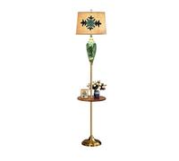 QYYZTQY Floor Lamp Farmhouse Floor Lamp with Wood Table Metal Base White Linen Drum Shade Living Room Reading House Bedroom Standing Lamp(Brown)