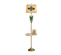 QYYZTQY Floor Lamp Farmhouse Floor Lamp with Wood Table Metal Base White Linen Drum Shade Living Room Reading House Bedroom Standing Lamp(Natural)