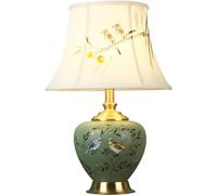 QYYZTQY Green Flower and Bird Ceramics Table Lamp 19.6" Chinese styleLamp American Handmade Beige Linen Drum Shade Decor for Living Room Bedroom House Bedside Home