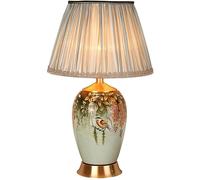 QYYZTQY Green Porcelain Table Lamp Bird Flower Ceramic Table Lamp Silk Pleated Shade Farmhouse Bedside Desk Lamp Retro Rustic Vintage End Nightstand Lamp for Living Room Bedroom Home Office