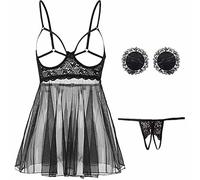 QYYZTQY Hollow Strappy Mesh Lingerie Floral Lace Chemise Cut out Teddy Babydoll Nightdress Slips Dress See Through Nightwear Black