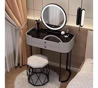 QYYZTQY Illuminated Makeup Vanity Set with Mirror Stylish Dressing Table for Bedroom Upholstered Stool 2 Large Drawers Black Tempered Glass Gray 60cm/23.6inch for Women