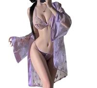 QYYZTQY Kimono Dress for Women Lingerie Robe Costume Cosplay Perspective Cute Open Front Deep V-Neck Floral Pattern Short Japanese Yukata Anime Side Slit Suit Sleepwear Pajamas Outfit Set Purple