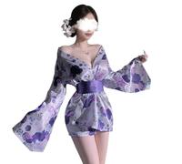 QYYZTQY Kimono for Women Lingerie Bathing Robe Cosplay Costume Yukata Perspective Cute Open Front Deep V-Neck Floral Pattern Dress Japanese Anime Roleplay Satin Outfit White