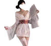 QYYZTQY Kimono for Women Lingerie Robe Lace Outfit Deep V-Neck Short Dress Cosplay Costume Cute Open Front Japanese Yukata Babydoll Anime Roleplay Side Slit Sleepwear Pajamas Set White