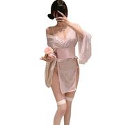 QYYZTQY Kimono Lingerie for Women Cosplay Costume Robe Cute Open Front Deep V-Neck Floral Pattern Short Dress Skirt Bikini Yukata Anime Roleplay Sleepwear Pajamas Outfit Set Pink