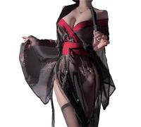 QYYZTQY Kimono Lingerie for Women Costume Cosplay Robe Perspective Cute Open Front Deep V-Neck Floral Pattern Short Dress Japanese Yukata Anime Side Slit Suit Sleepwear Pajamas Outfit Set Black