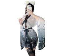 QYYZTQY Kimono Lingerie for Women Dress Outfit Cosplay Costume Robe Cute Open Front Pattern Mesh Skirt Deep V-Neck Short Japanese Yukata Anime Side Slit Pajamas Sleepwear Thong Set