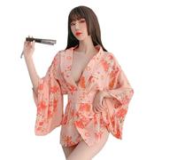 QYYZTQY Kimono Lingerie for Women Robe Costume Cosplay Outfit Perspective Cute Open Front Deep V-Neck Floral Pattern Short Dress Japanese Yukata Anime Side Slit Suit Sleepwear Pajamas Set Pink