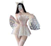 QYYZTQY Kimono Lingerie for Women Robe Dress Costume Outfit Cosplay Butterfly Short Mesh Cute Open Front Deep V-Neck Floral Pattern Japanese Yukata Anime Side Slit Sleepwear Pajamas Set White