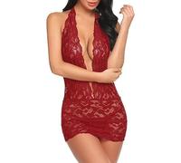 QYYZTQY Lace Babydoll Lingerie Plus Size See Through Mesh Nightdress Women Deep V Neck Chemise Nightgown Halter Backless Dress (Burgundy, S-M)