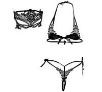 QYYZTQY Lace Lingerie Self Tie Bra and Panty Set Micro Bikini Halter Small Top Strappy Tiny Thong Babydoll with Eye Mask