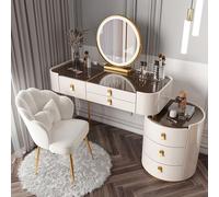 QYYZTQY Lighted Vanity Desk with Glass Top & Drawers Large Makeup Table Set with Side Cabinet & Chair 3 Color Lighting Mirror Stylish Dressing Table for Women (100cm)