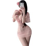 QYYZTQY Lingerie Dress for Women Bodycon Costume Outfit Flower Underwear Cosplay Roleplay Deep V Neck Halter Backless Women's Dress Chemise Anime Party Night Club Wear Pink