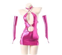 QYYZTQY Lingerie Dress for Women Bodycon Costume Outfit Underwear Cosplay Roleplay Neck Halter Cutout Backless Chemise Anime Party Nightwear Skirt Arm Sleeves Set Shiny Pink