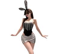 QYYZTQY Lingerie Dress for Women Outfit Costume Anime Cosplay Cheongsam Silver Sequin Fringe Outfits Roleplay Underwear See-Through Babydoll Cut-out Bodysuit Skirt Dance Rave Party Halloween