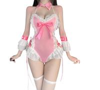 QYYZTQY Lingerie for Women Bodysuit Cosplay Costume Cute Backless Outfit Cutout Lace-up Ruffle Babydoll Anime Roleplay Sleepwear Strappy with Bow Tail Pink