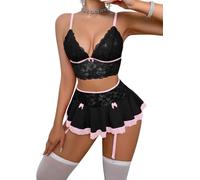 QYYZTQY Lingerie for Women Floral Lace Babydoll with Garter Belt Mesh Chemise Boudoir Outfits Cami Top Bra and Dress Set
