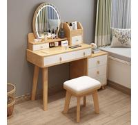 QYYZTQY Makeup Vanity 3 Color Touch Screen Dimming Mirror, Dressing Table with Sliding Drawers, Side Cabinet and Cushioned Stool Set for Women Girls,Wood+White,31.4x15.7x51.9in