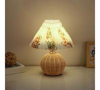 QYYZTQY Nordic Fabric Table Lamp Rattan Night Stand Light Dimmable Bedside Lamp Pleated Column Table Lamps Handwoven End Table Lights for Bedroom Living Room Desk Remote Contro