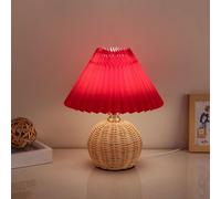 QYYZTQY Nordic Fabric Table Lamp Rattan Night Stand Light Dimmable Bedside Lamp Pleated Column Table Lamps Handwoven End Table Lights for Bedroom Living Room Desk Remote Contro