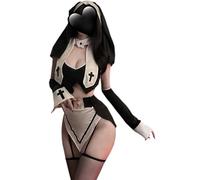 QYYZTQY Nun Costume Outfit for Women Lingerie Dress Anime Cosplay Mother Prayers Roleplay High Slit Sister Gothic For Halloween Party Bodysuit Skirt Headpiece Veil Belt Set White Black